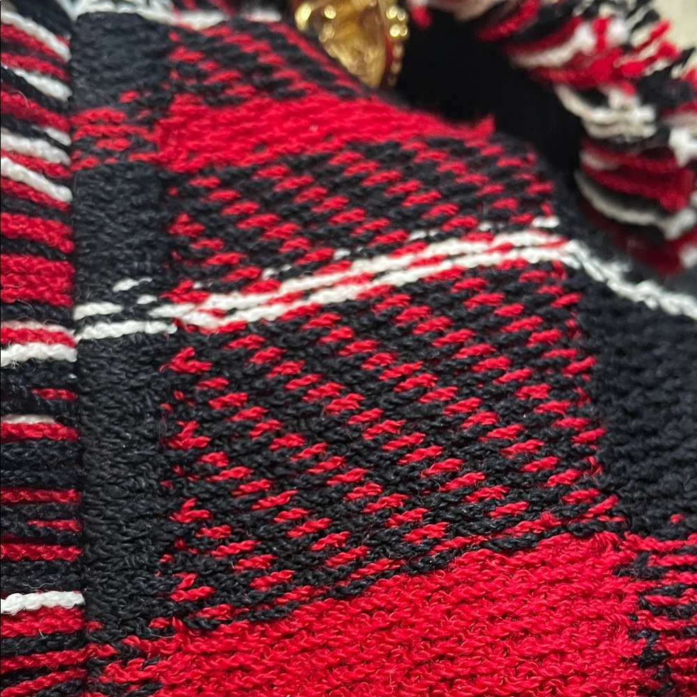 2 pc St. JOHN knit fringe jacket Plaid Red suit gold Black Women's Pants Set - Picture 17 of 17